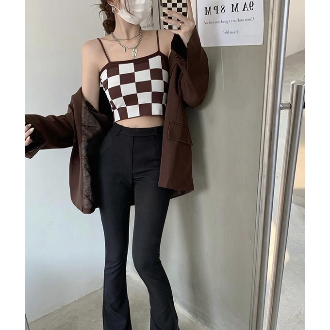 ZHELIHANGFEI Áo Croptop Dệt Kim Không Tay Lưng Cao Gợi Cảm Cho Nữ