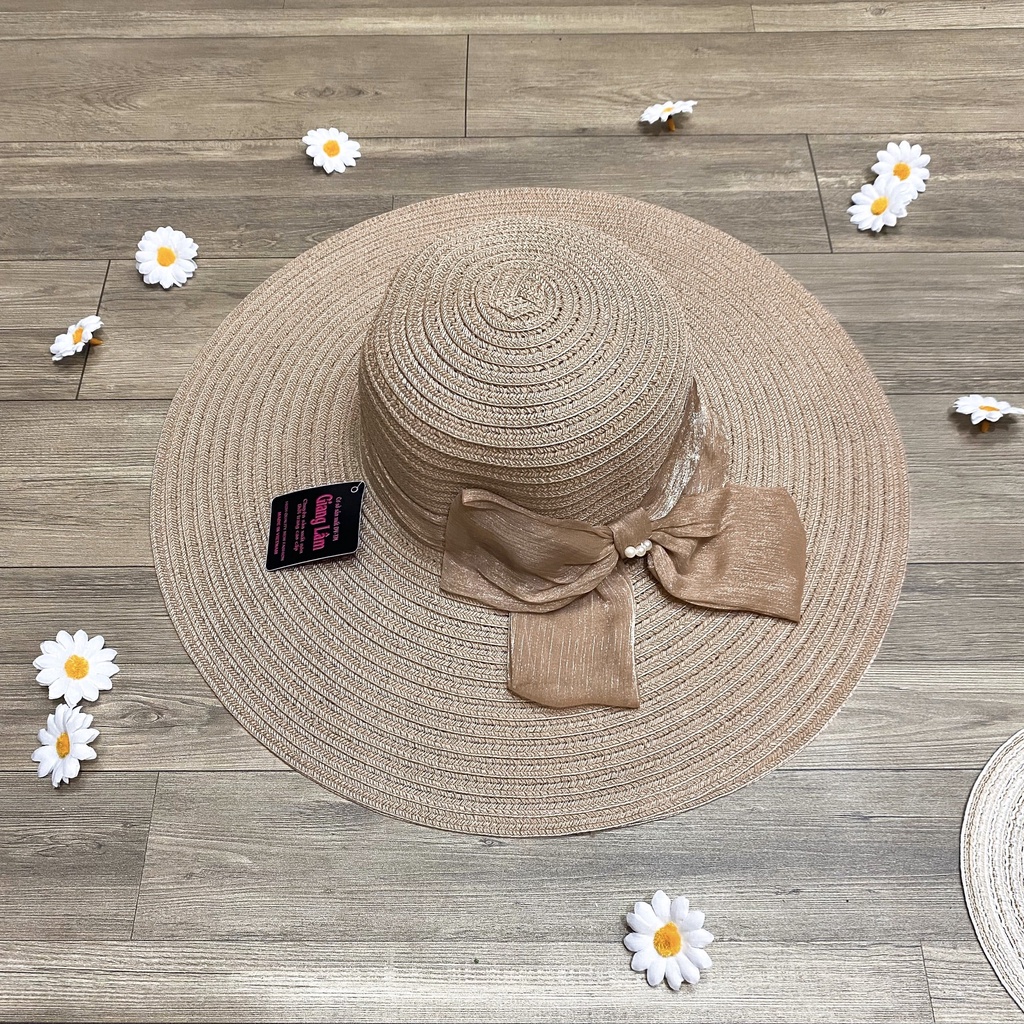 Nón mũ cói đi biển vành rộng phối nơ voan đính ngọc nhiều màu cực đẹp - NN8