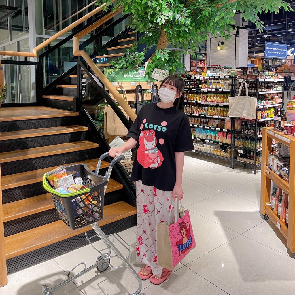 Bộ gấu cotton quần suông thụng họa tiết gấu TH266