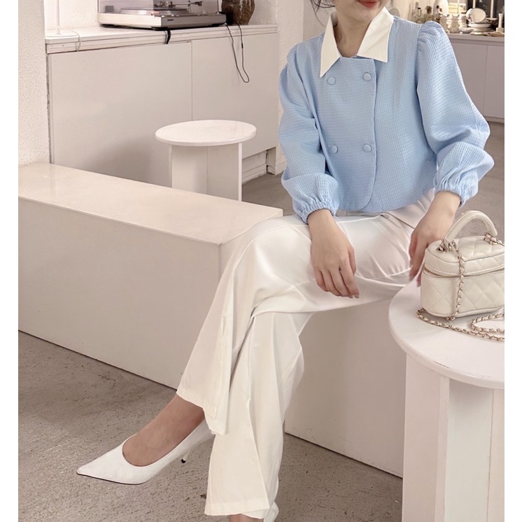 SET ÁO XANH XỐP TAY BO ĐÍNH NÚT CỔ TRẮNG + QUẦN SUÔNG TRẮNG XẺ (TH)