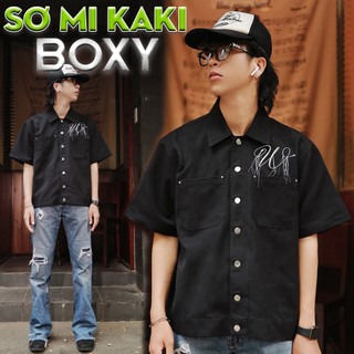 Áo sơ mi tay ngắn who concept, sơ mi boxy màu đen, nút kim loại
