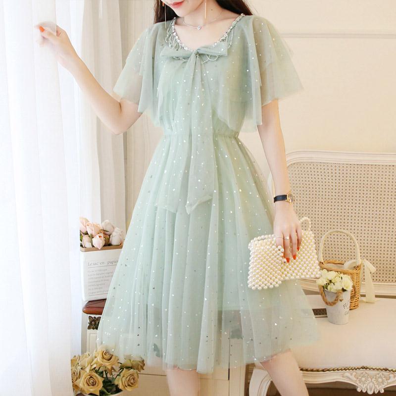 Đầm Xòe Phối Nơ Đính Kim Sa Lấp Lánh Xinh Xắn Cho Nữ