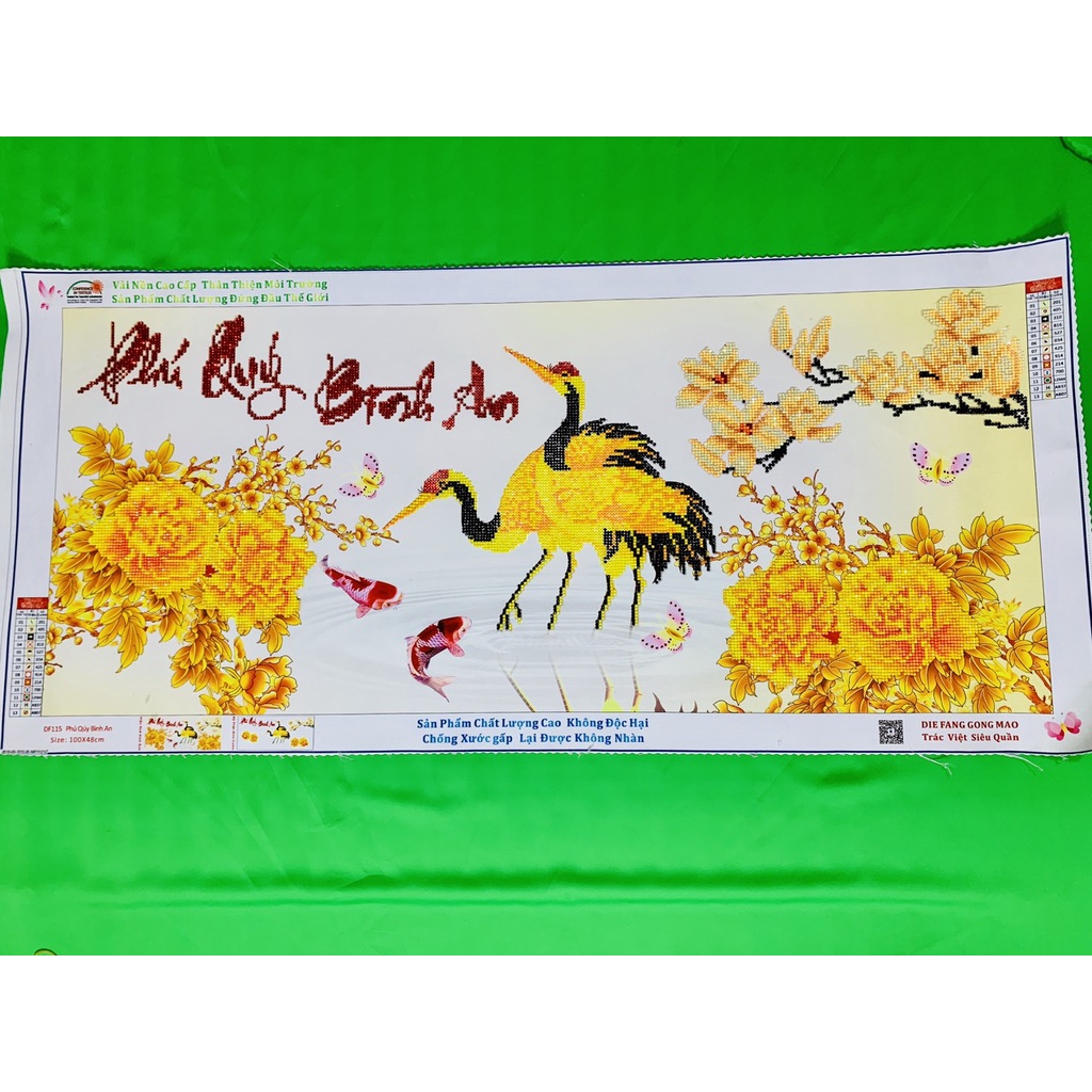 Tranh đính đá PHÚ QUÝ BÌNH AN đã đính thành phẩm 100x48cm đã đính sẵn df115