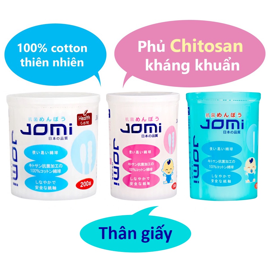 Tăm bông kháng khuẩn Jomi thân giấy đầu to,  nhỏ ngoáy lấy ráy tai, trang điểm, vệ sinh rốn, mắt, mũi, trẻ sơ sinh