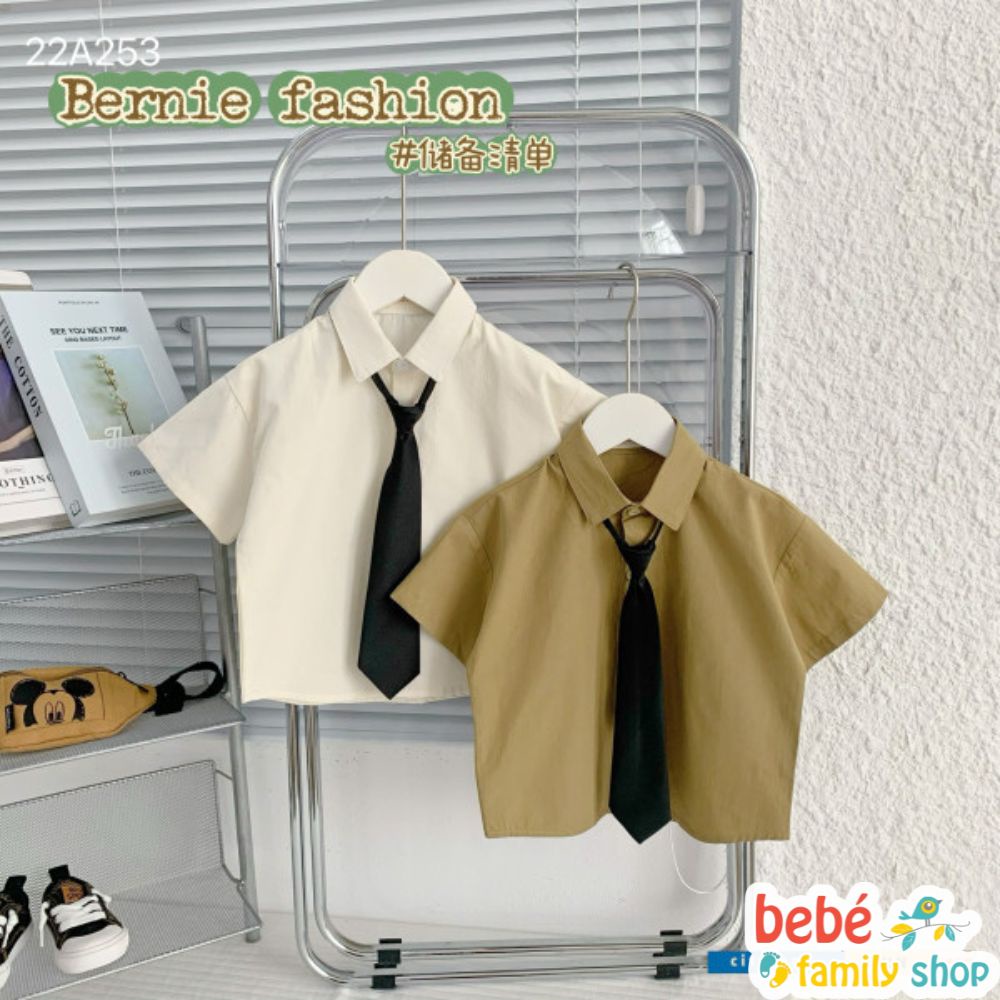 Áo sơ mi bé trai kèm cà vạt trắng kem nâu phong cách hàn quốc Bernie - ATBA