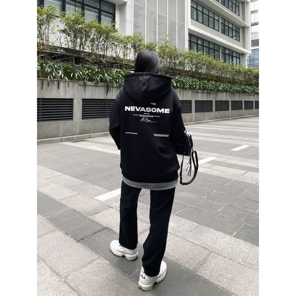 Áo Hoodie Nỉ Lót Lông Cừu local brand NEVASOME Signature v2 Đen Cotton Nỉ Bông 450gsm Form Rộng Nam Nữ Oversize