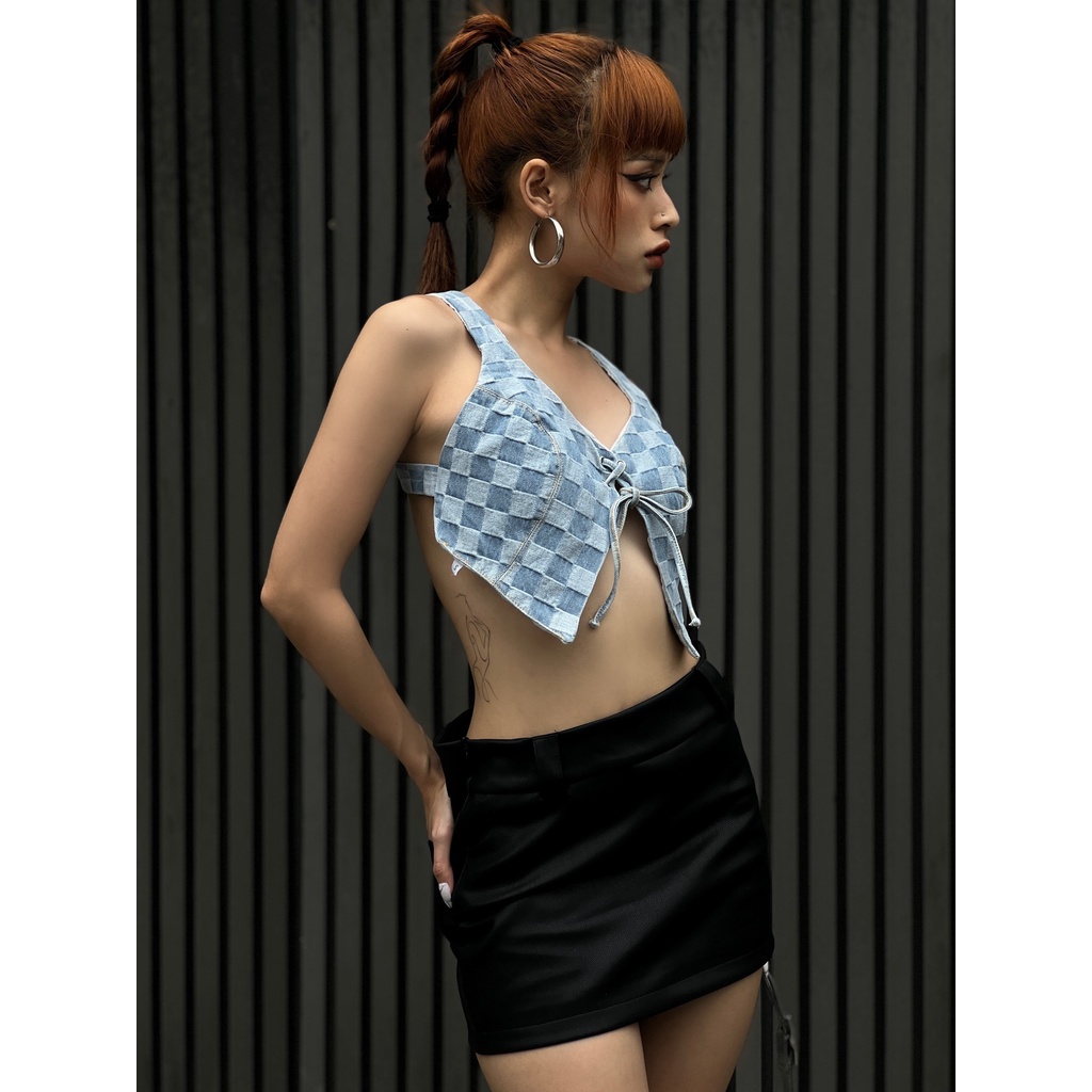 Áo yếm caro Jean xanh - Lia Top - DEPASS