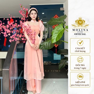 Set Áo Dài Organza Cao Cấp Thiết Kế Molina, Tặng Kèm Mấn Trơn Đính Ngọc