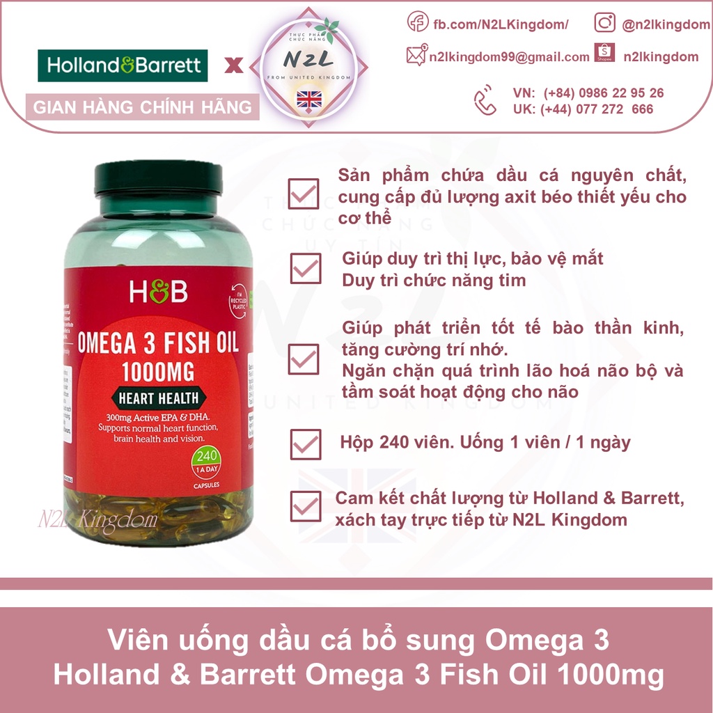 Viên dầu cá bổ sung Omega 3 Holland &amp; Barrett Omega 3 Fish Oil Active EPA/DHA