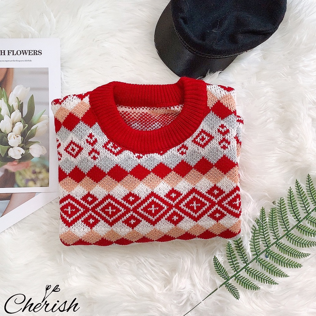Áo len nữ hoạ tiết Boho áo len đỏ nữ mặc tết cổ tròn dày dặn dáng rộng CHERISH AL2