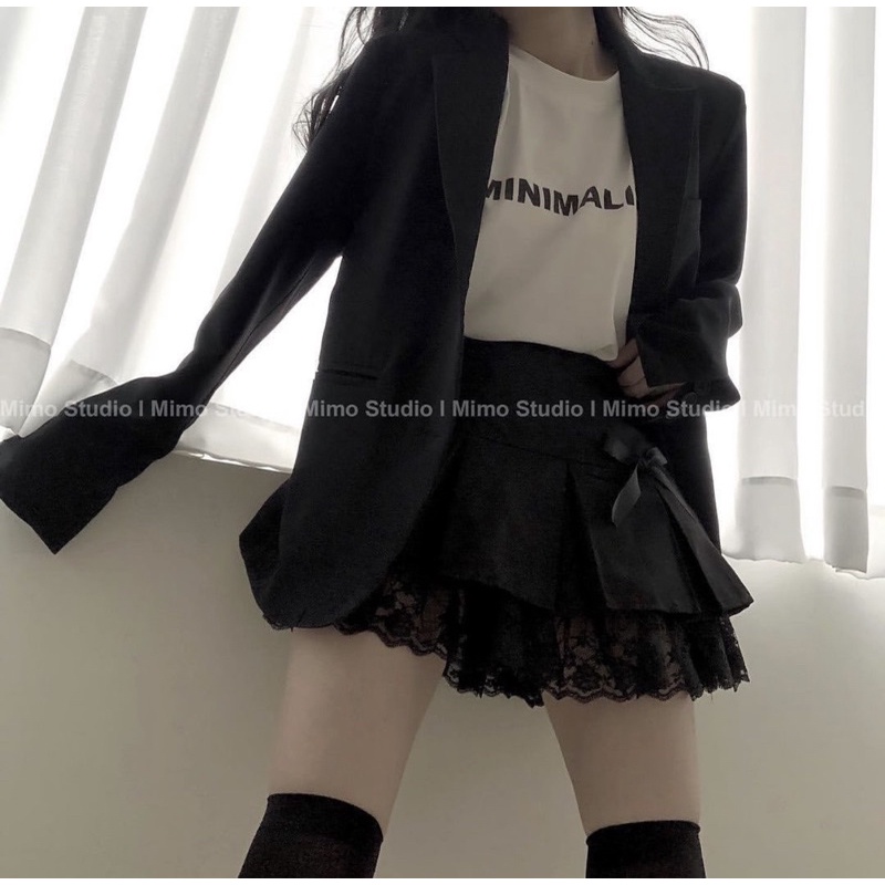 Áo 2 dây babydoll - Váy xếp li đen phối ren