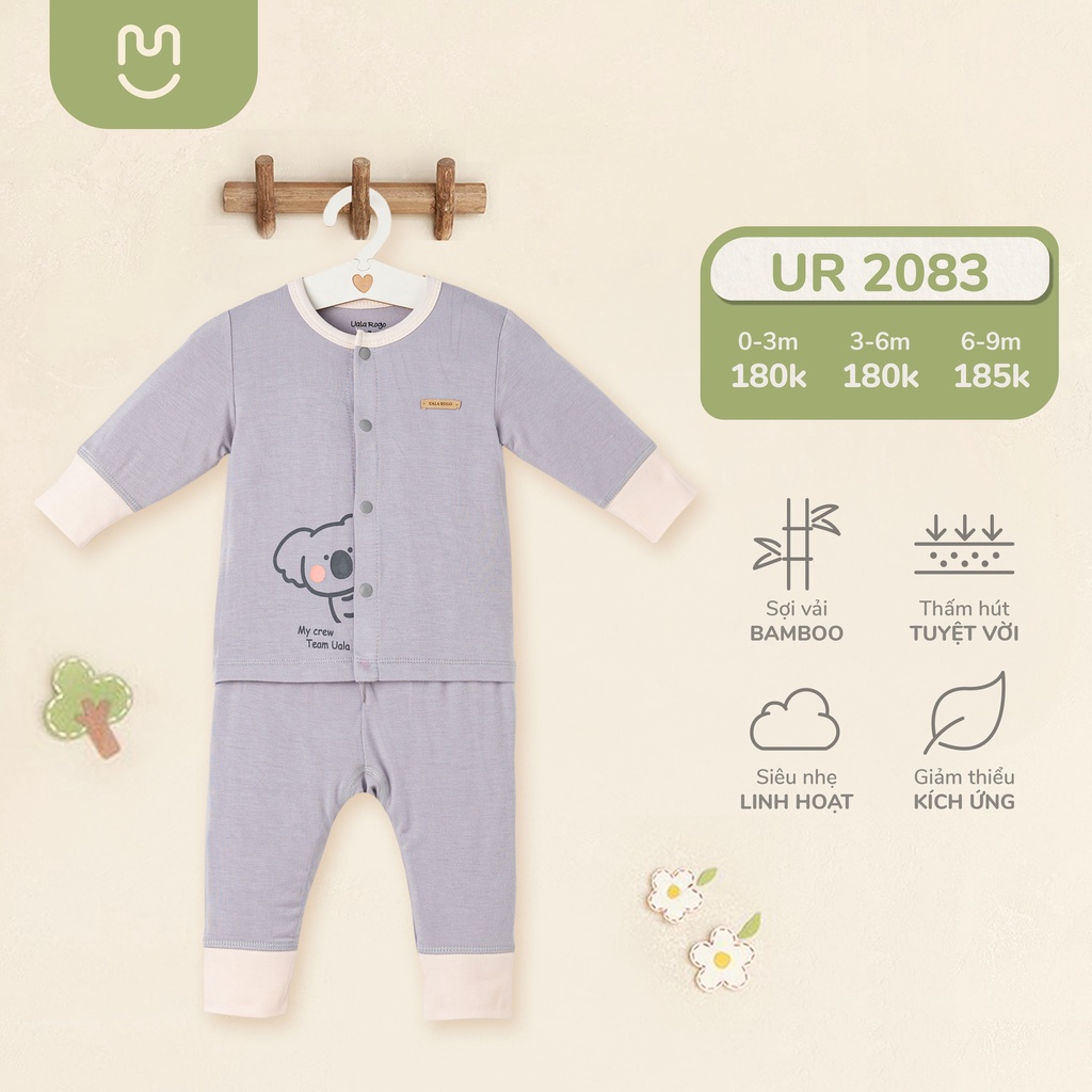 Bộ quần áo dài tay sơ sinh Ualarogo vải Bamboo cổ phối màu hình khủng long dễ thương