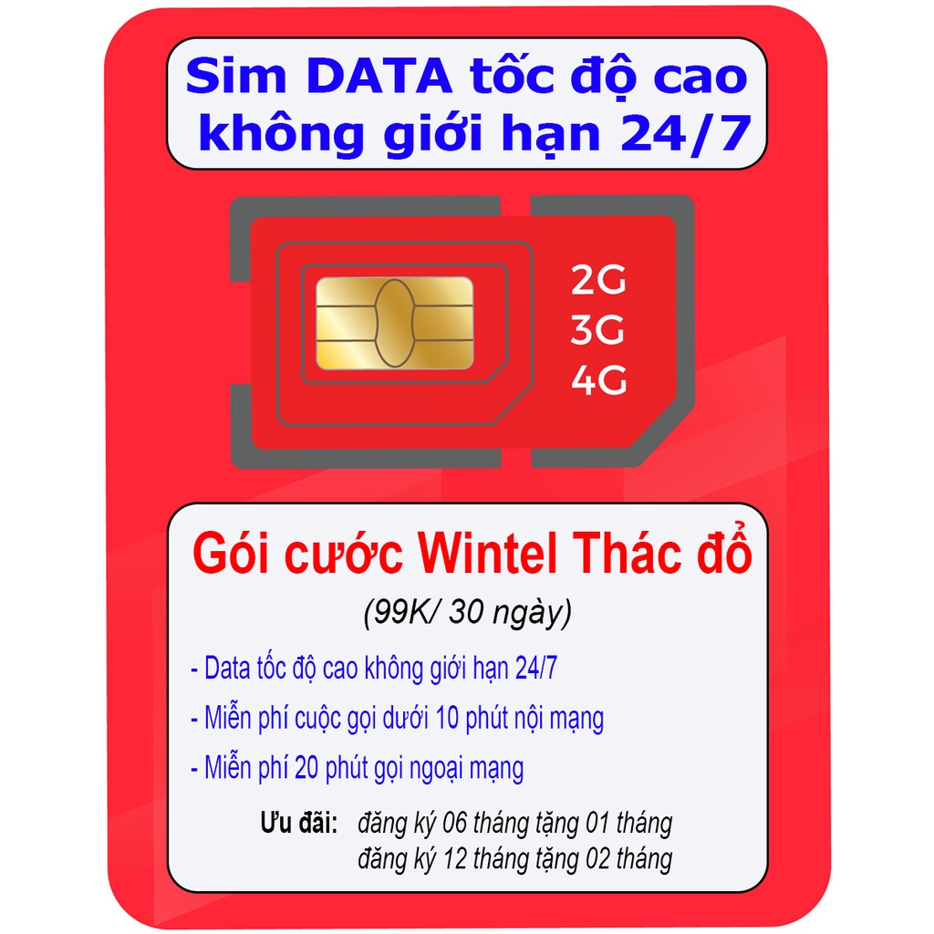 Sim Wintel (Reddi) Data tốc độ cao không giới hạn 24/7, miễn phí gọi nội mạng - Thác Đổ 99K/ tháng