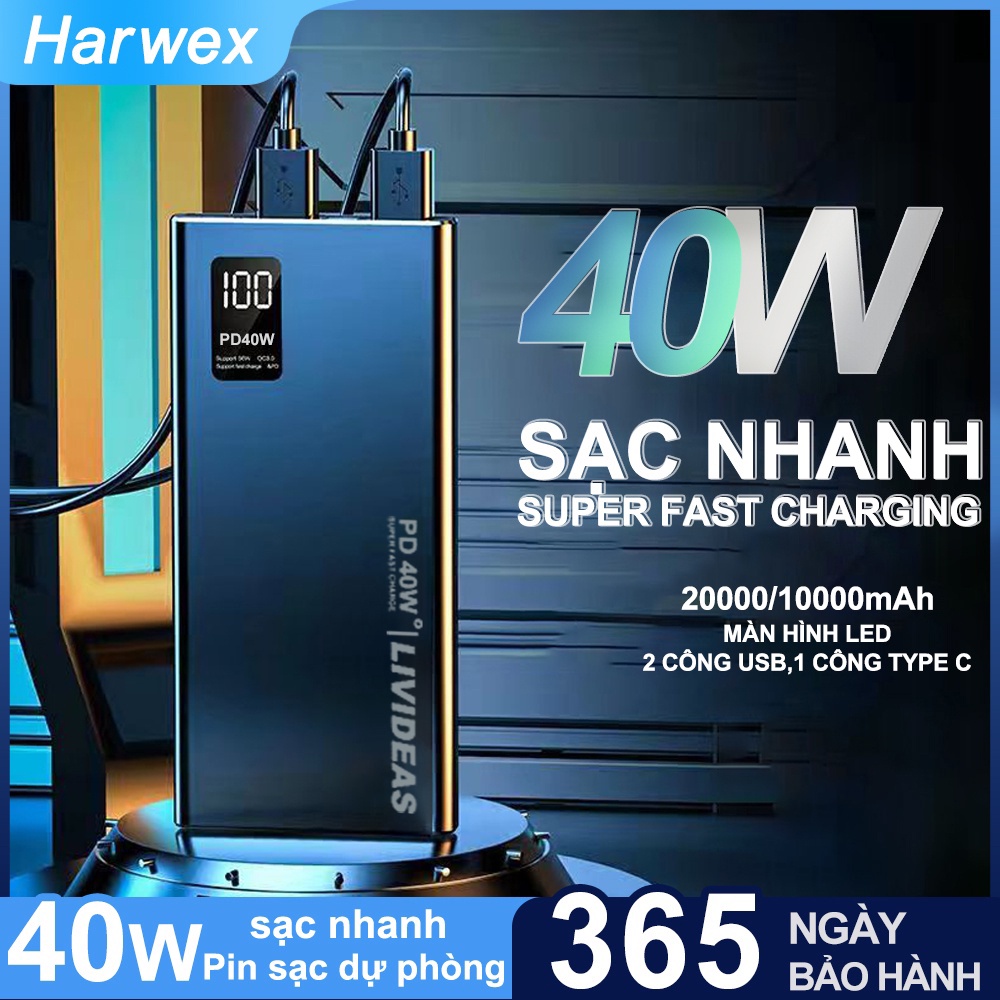 Sạc dự phòng 10000/20000mAh Sạc Nhanh 40W Tích hợp 3 cổng sạc đầu ra và màn hình Led hiển thị pin Hỗ trợ