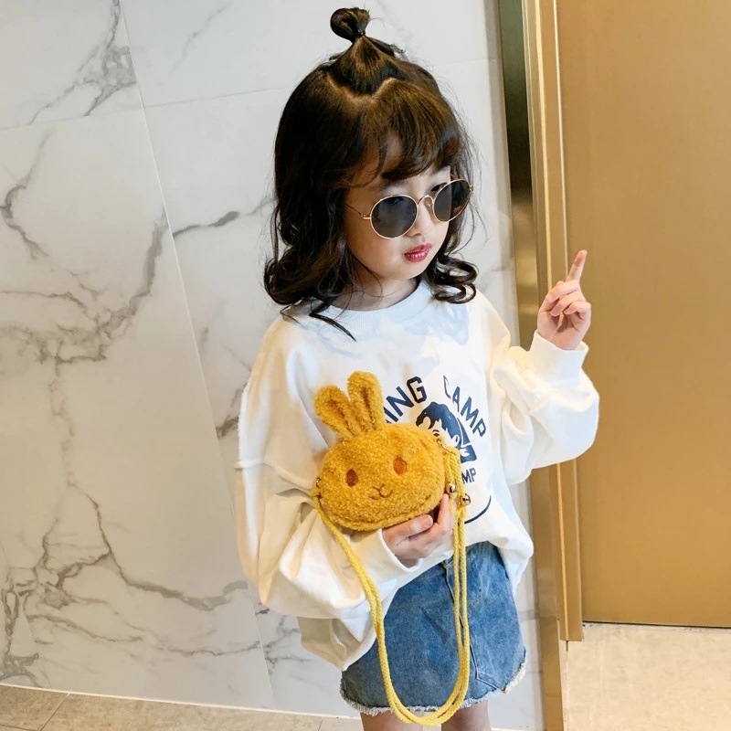 Túi Đeo Chéo Bằng Vải Bông Mềm Hình Thỏ Dễ Thương Có Khóa Kéo Cho Bé Gái