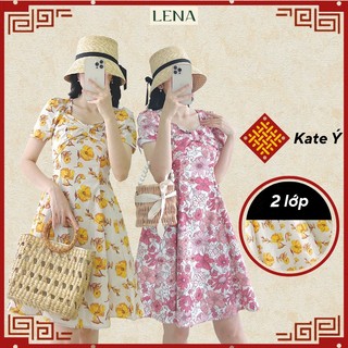 Đầm dáng xòe cổ tim nơ ngực LENA họa tiết hoa nhiệt đới dạo phố trẻ trung - D2150