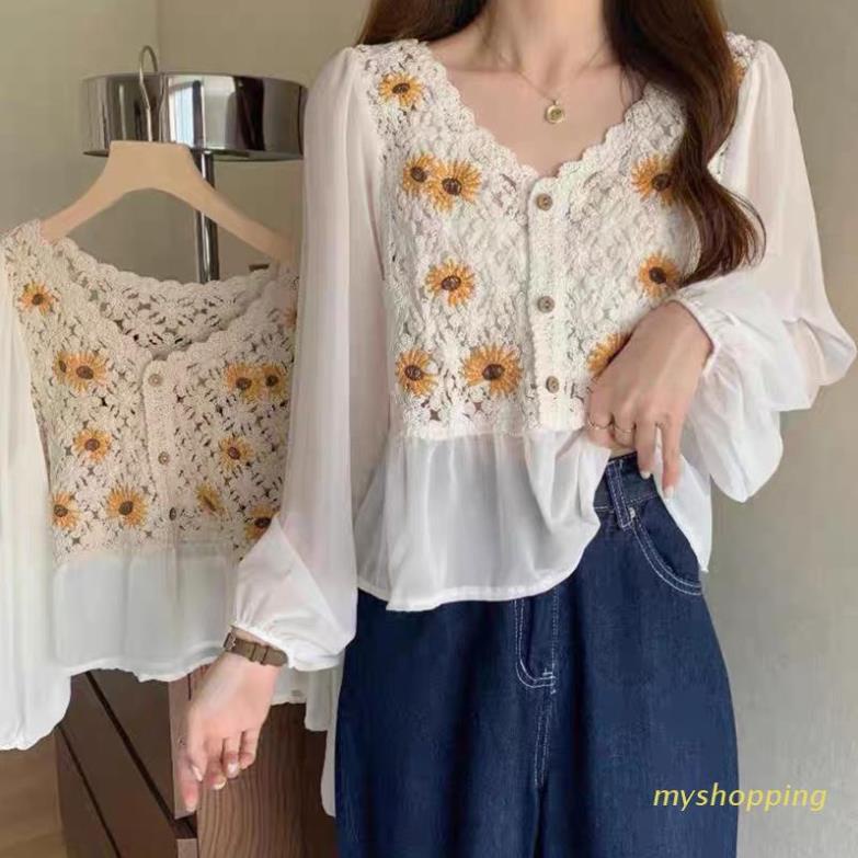 Áo Sơ Mi Tay Dài Phồng Thêu Hoa Phong Cách Pháp Ngọt Ngào Cho Nữ