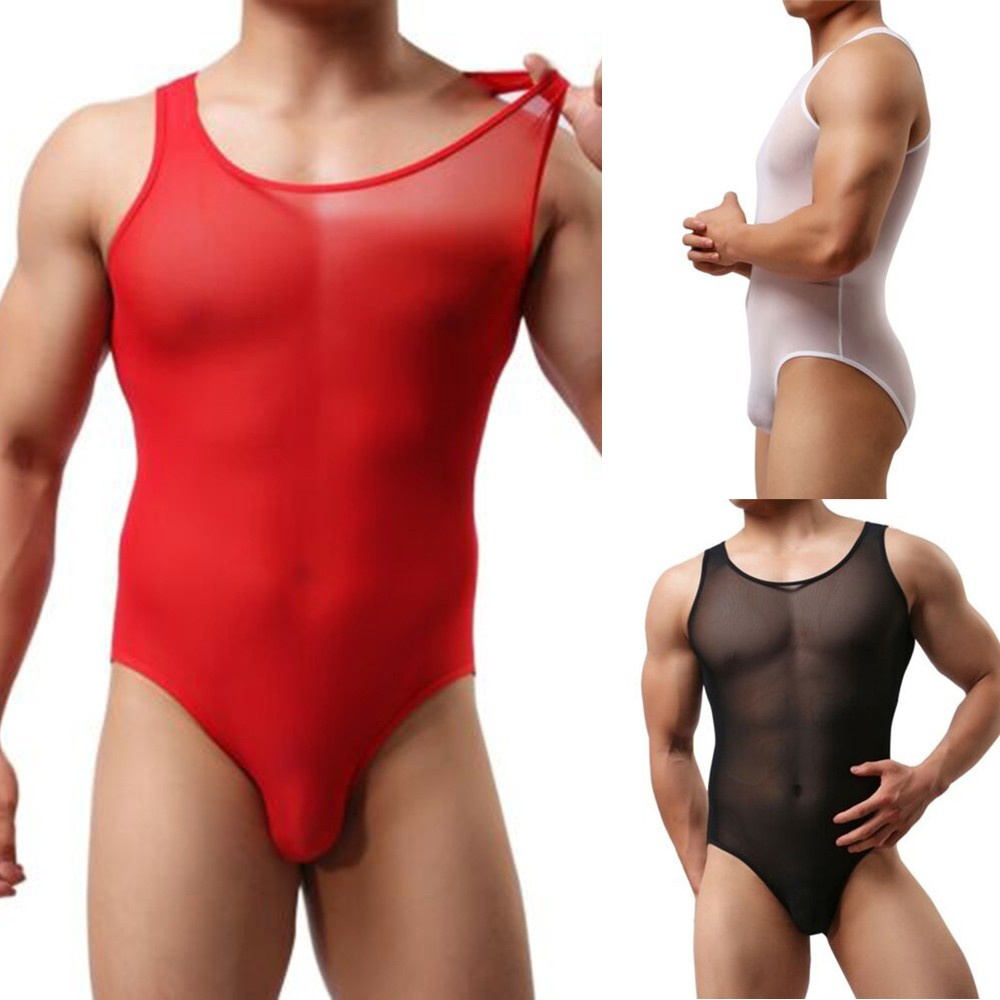 Men Leotard Black/White Bodysuit Sheer Sleeveless Jockstrap Bulge Pouch Brief Underwear