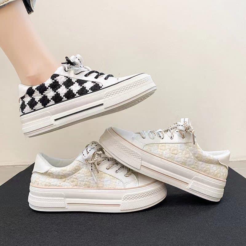 Giày thể thao nữ vải caro đan kim tuyến thời trang