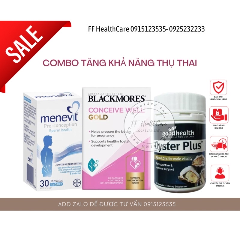 Combo Menevit + Hàu Úc Oyster Plus + Bổ Trứng Blackmores Conceive Well Gold-Tăng thụ thai 3 món