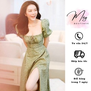 Váy Maxi Hoa Xanh Xẻ Tà Dúm Ngực Trễ Vai Cực Hot V111