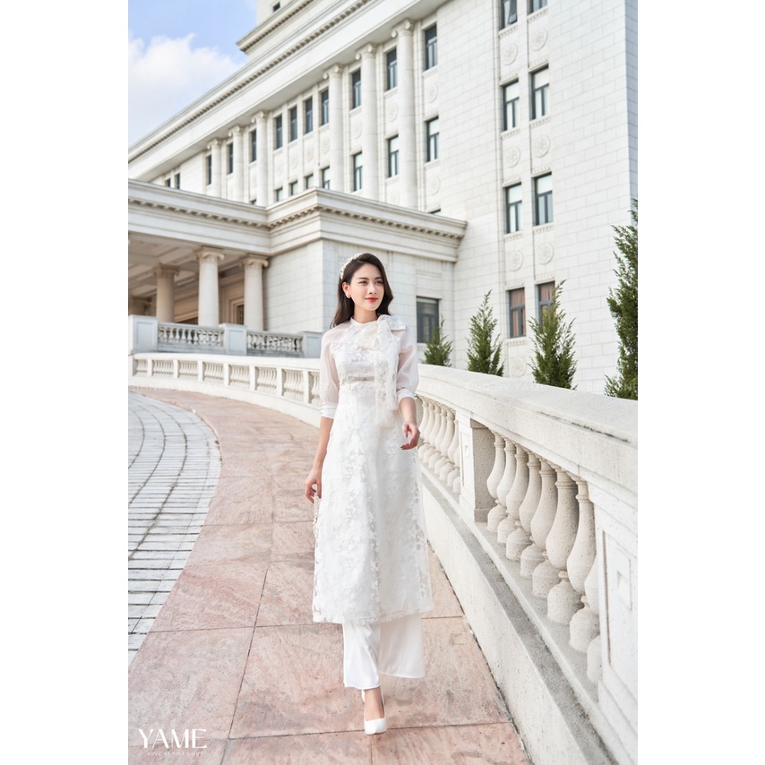 Set áo dài nữ trắng cách tân thiết kế chất tơ kính, quần lụa YAD116 Linh Lan YAME