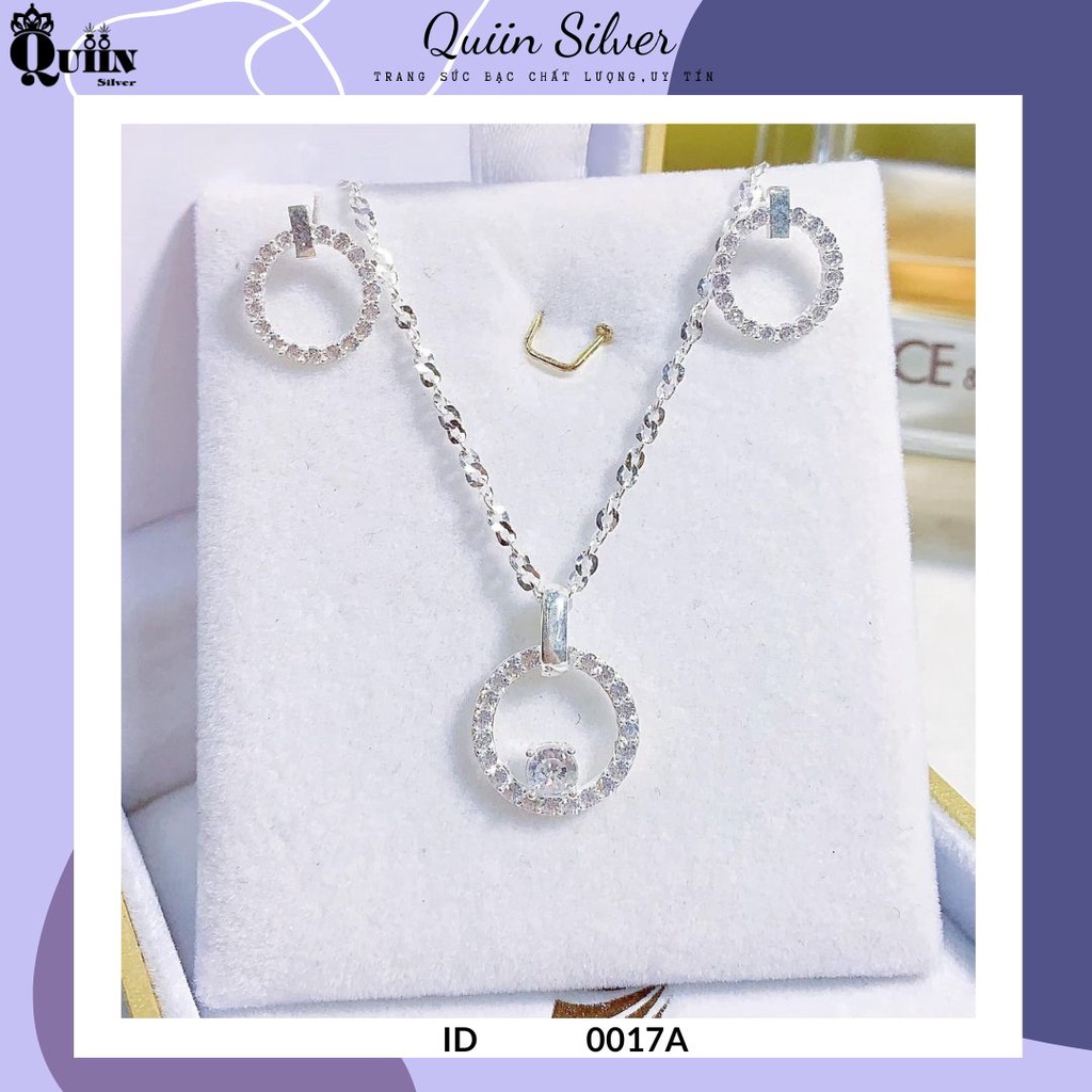Bộ trang sức bạc ta, bạc S925 Quiin - Dây chuyền bông tai hình tròn đính đá dành cho nữ 0017A