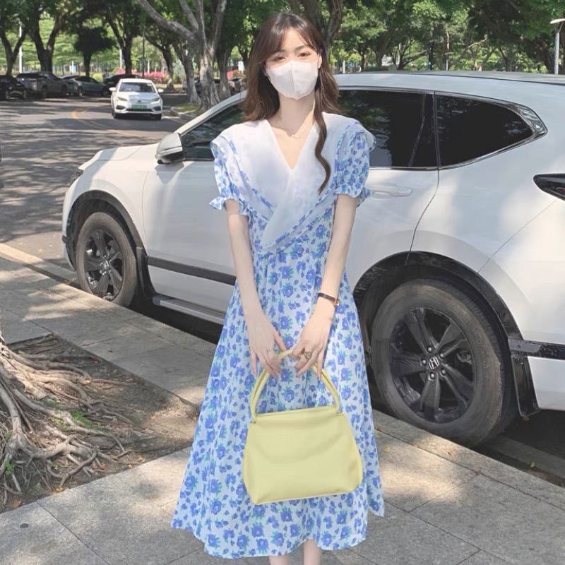 Đầm XINLANYASHE dáng dài ôm eo tay phồng họa tiết hoa phong cách Hàn Quốc thời trang 2023 mới dành cho bạn nữ