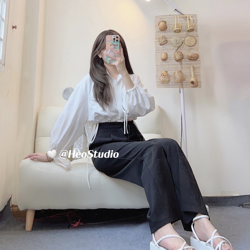 [Ảnh thật + video] Áo Sơ Mi Croptop Rút Dây Hèo Studio