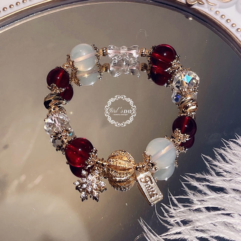 Vòng Đeo Tay Mặt Hoa Tuyết Đính Đá Opal Màu Trắng / Đỏ Phong Cách Giáng Sinh Cho Nữ