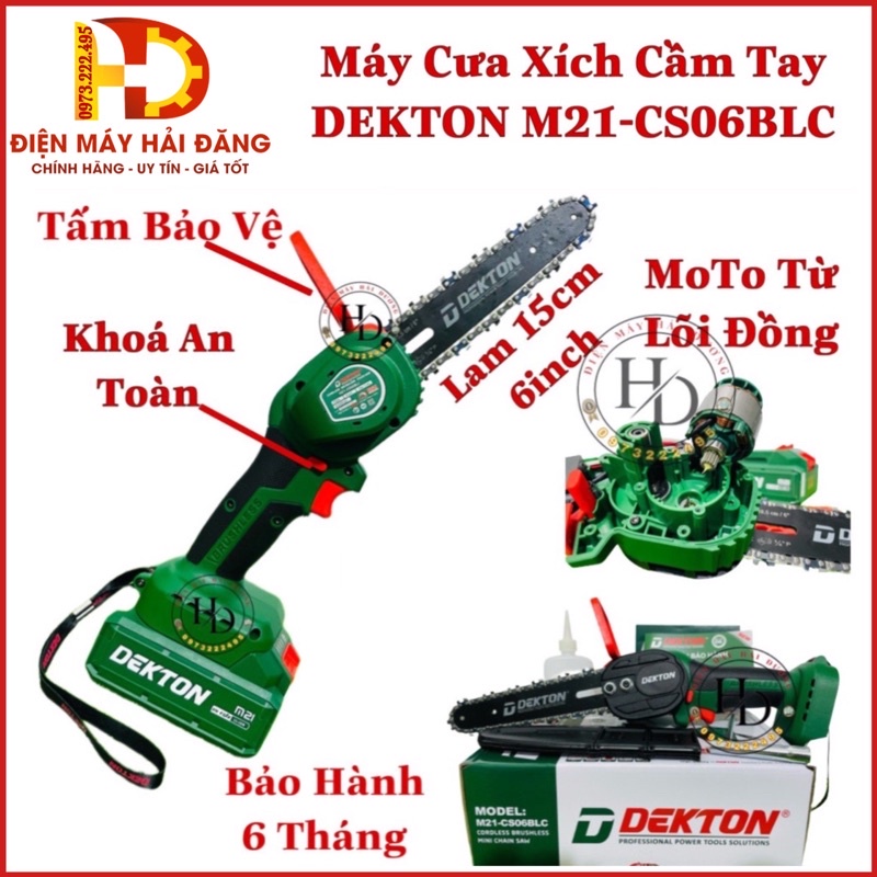 Máy cưa xích dùng pin.DEKTON M21-CS06BLC.Lam dài 15cm ( 6" inch ). Moto Từ.Lõi Đồng.Bh 6 Tháng