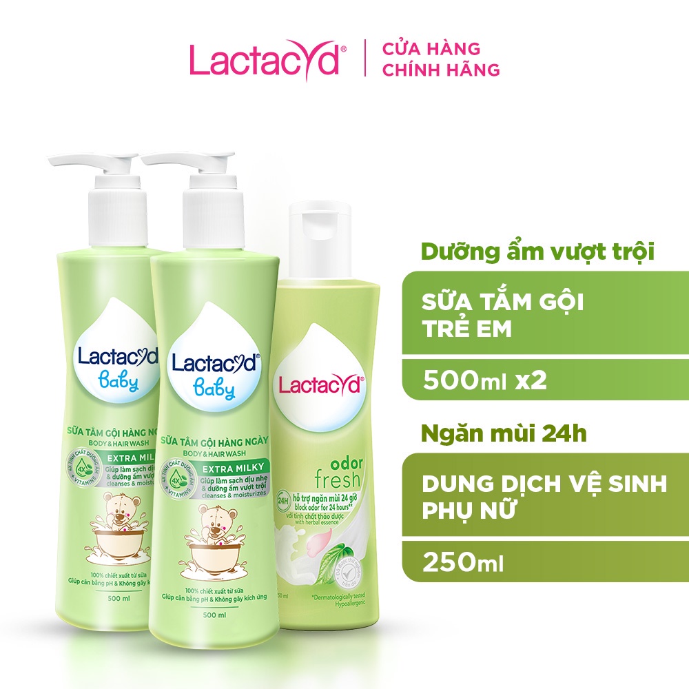 Bộ 2 Sữa Tắm Gội Trẻ Em Lactacyd Milky Bảo Vệ, Nuôi Dưỡng Da & Tóc Bé 500ml + Dung Dịch Vệ Sinh Phụ Nữ Odor Fresh 250ml