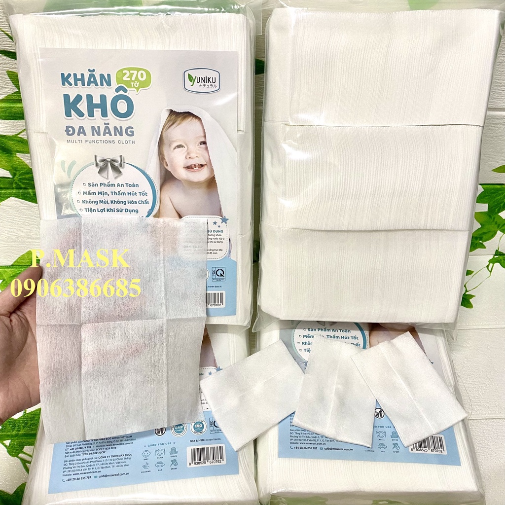 KHĂN LAU KHÔ ĐA NĂNG 270 TỜ không mùi dành cho bé YUNIKU