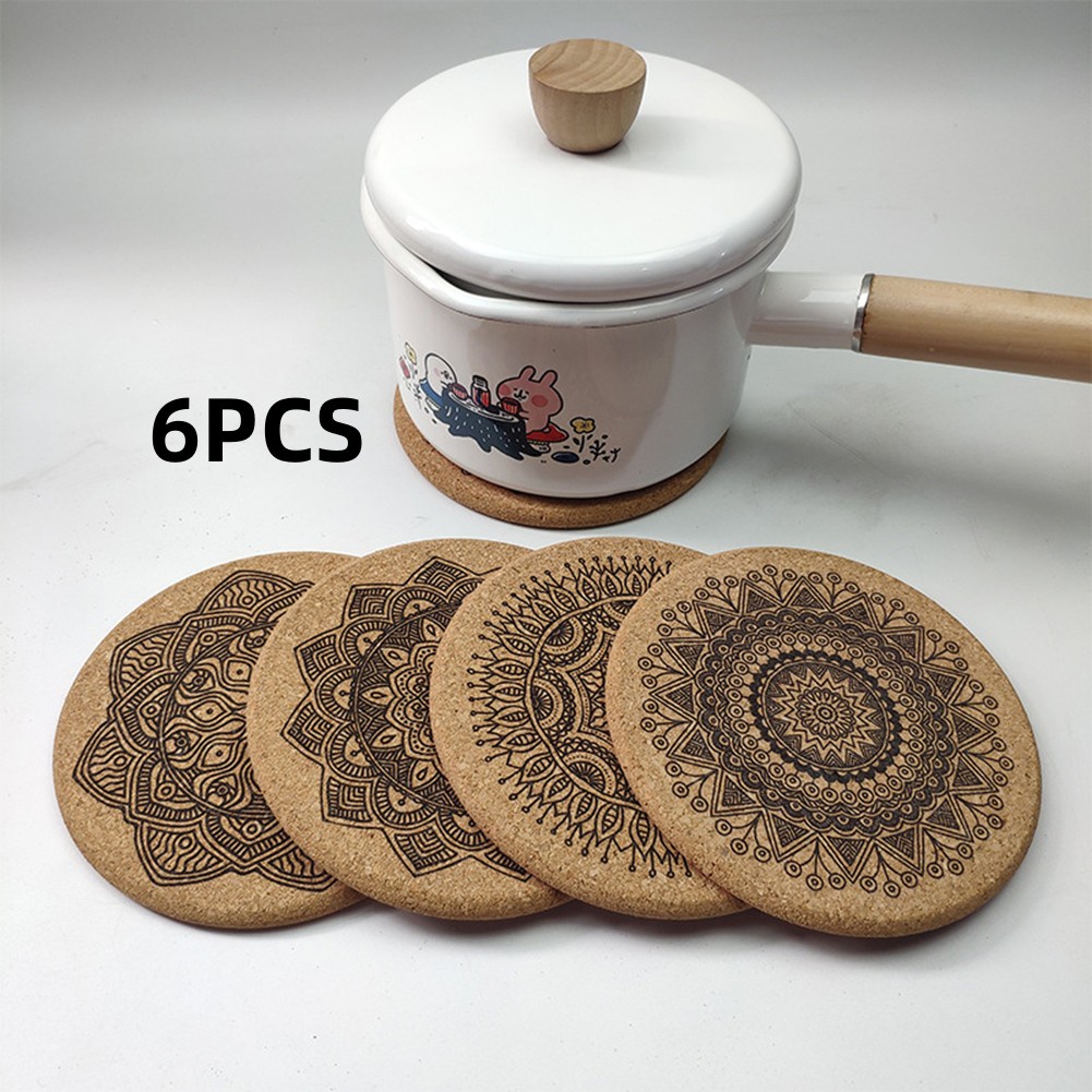 ♫6 Cái Đế Lót Ly Bằng Gỗ Hình Tròn Đế Lót Ly Nút Chai Kế Mandala Bắc Âu Cốc Cà Phê Tách Trà Trang Trí Nhà Bếp Thảm Chống Trượt Cách Nhiệt Có Giá Đỡ