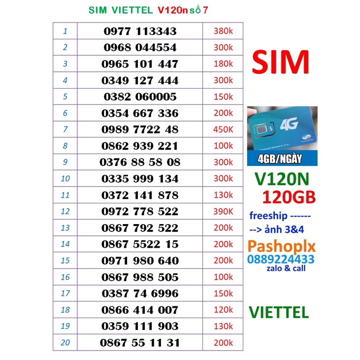 Sim viettel V120n số đẹp 7 (120gb data 4g, gọi viettel dưới 20' free, 50' ngoại mạng)