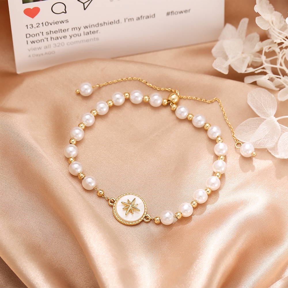 Vòng đeo tay 17KM mạ vàng chuỗi hạt ngọc trai nhân tạo mặt ngôi sao tám cánh thời trang thanh lịch
