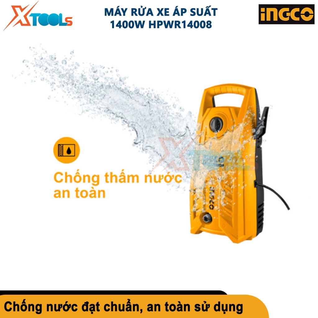 Máy xịt rửa xe INGCO HPWR14008 1400W motor dây đồng - Máy rửa xe cao áp 130Bar kèm dây xịt 5m, bộ súng phun và thanh nối