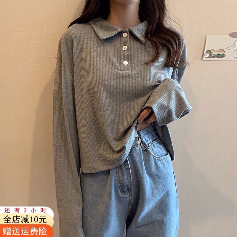 Áo Phông Polo A068 Tay Dài Bằng Cotton 2 Màu Đen XámThời Trang Thu Đông Cho Nữ