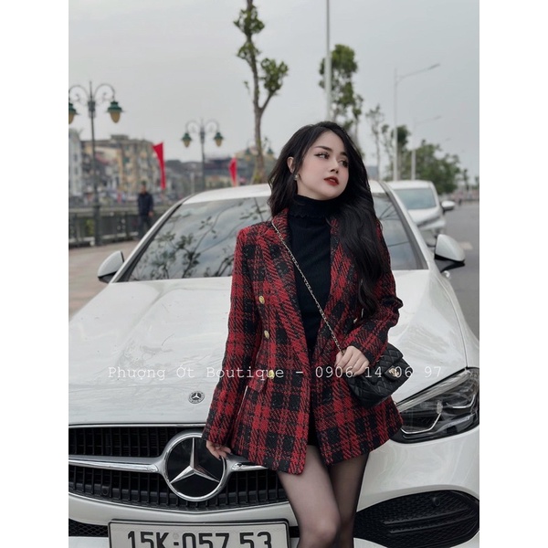 ÁO DẠ CARO ĐỎ ĐÔ CỔ VEST NẮP TÚI NGANG