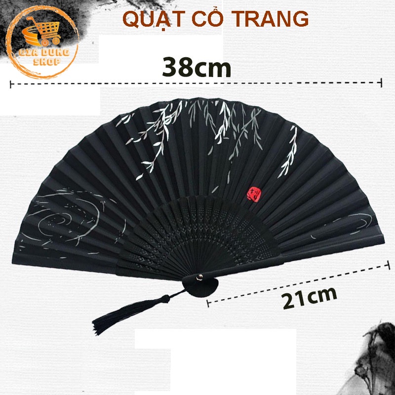 (Hồng Liễu 16) Quạt Cổ Trang, Quạt Cầm Tay Bằng Vải Lụa Thân Tre Xếp Xòe Tròn Dùng Làm Trang Trí Quà Tặng