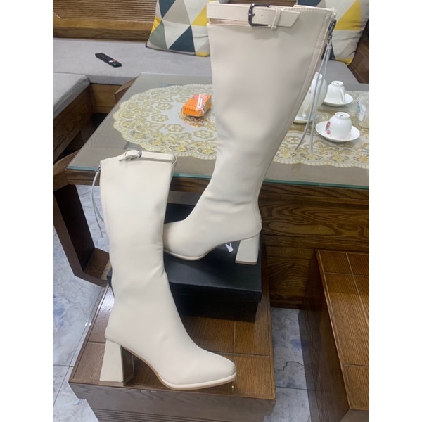 Bốt Đùi Nữ da PU LÌ CAO 7 Phân có Khuy cài gót bạc