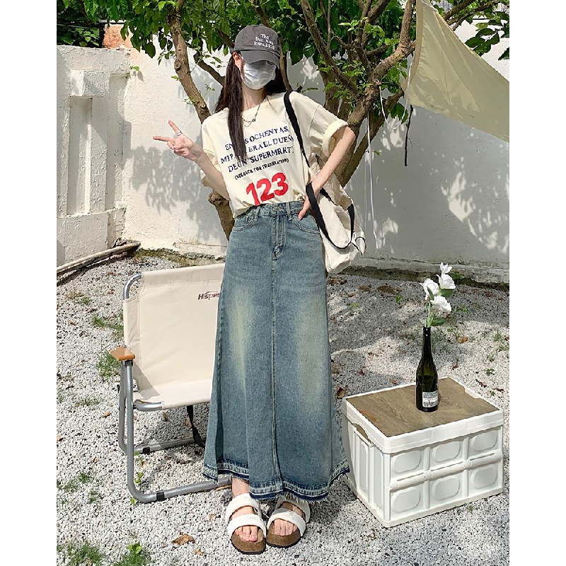 Chân váy jean Dáng Chữ A Lưng Cao Thời Trang Thu Đông 2023 Phong Cách Retro Mới