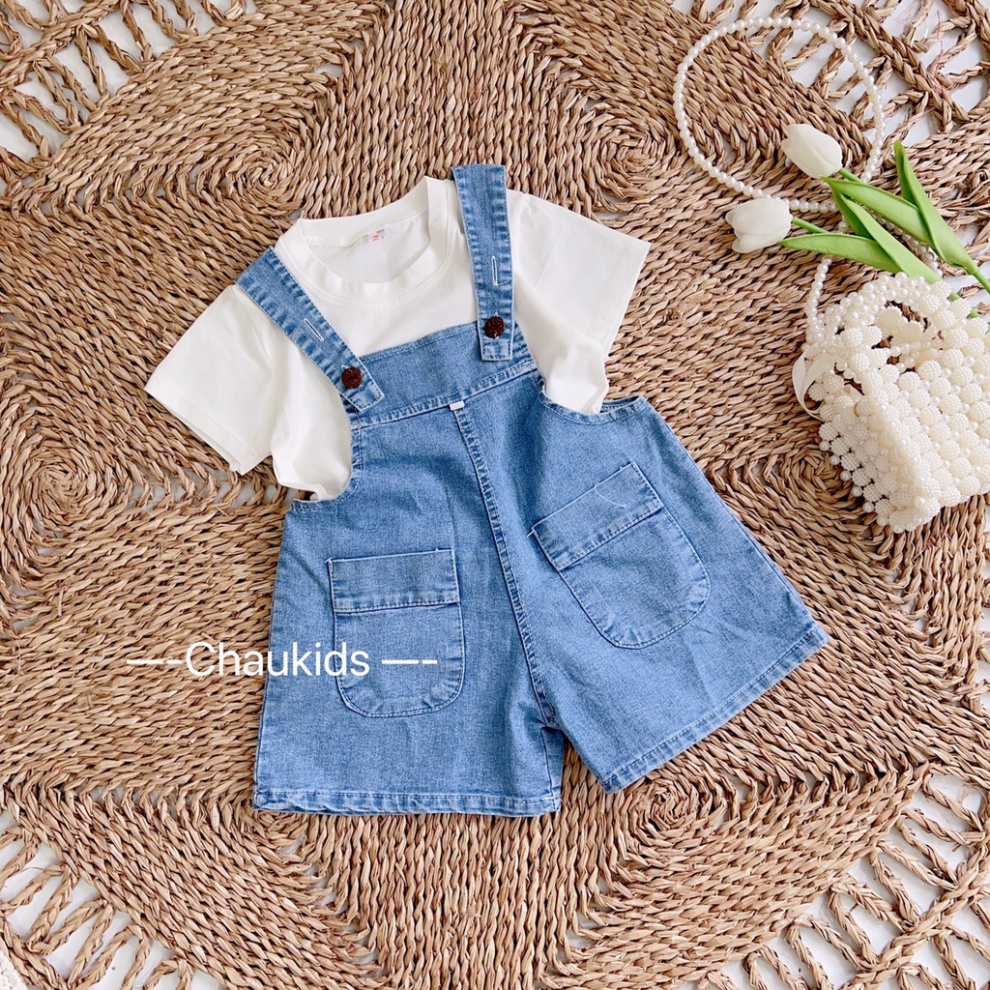 Set Yếm 2 Chi Tiết Cho Bé Gái, Yếm Jean Bé Gái, Set Yếm Bò Xanh Kèm Áo Trắng Cotton Cộc Tay cho Bé M029