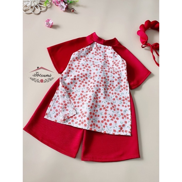 Áo dài lụa cách tân hoa đỏ cao cấp siêu chất - Tocxumi