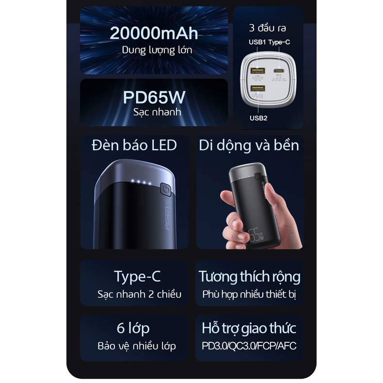 Sạc dự phòng PISEN PRO PD65-2 20000mAh (LED) 65W (LS-DY118), black