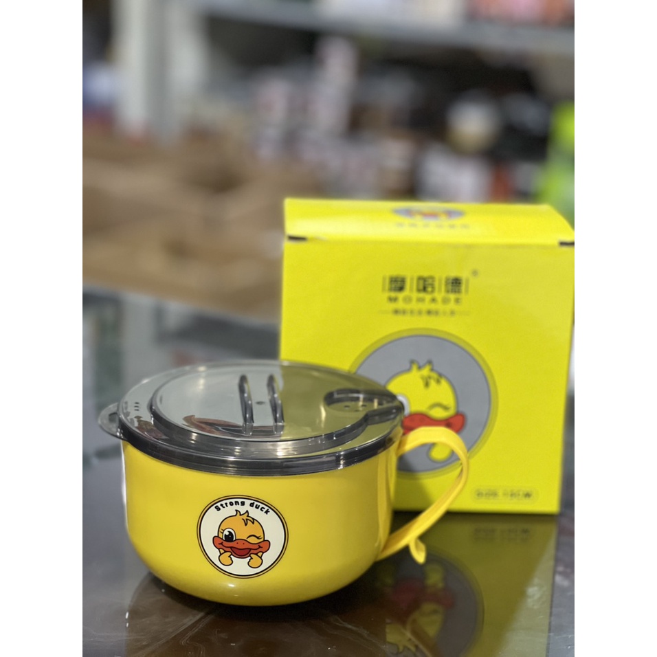 Tô ăn mì - Bát inox có nắp đậy dung tích 1 lít họa tiết vịt vàng