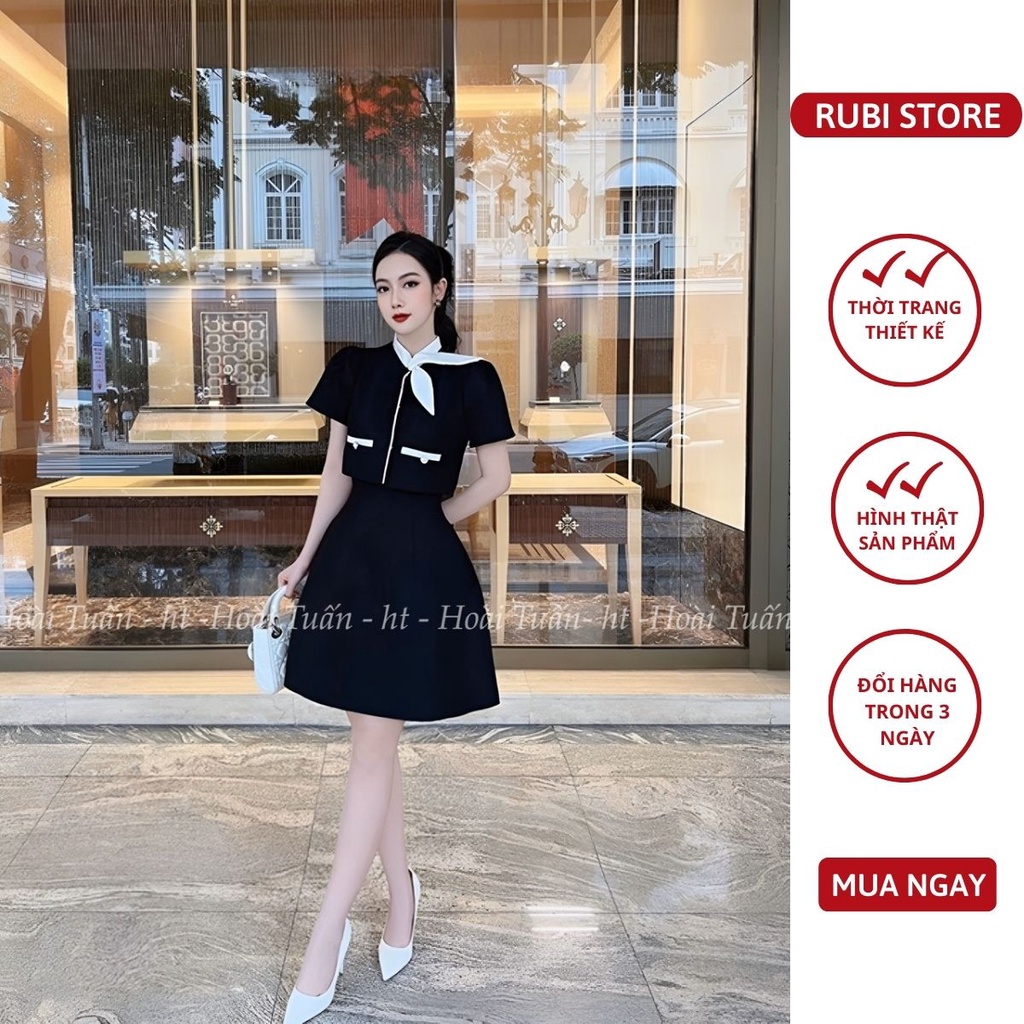 A124- Sét bộ LINH RUBI STORE áo tay cộc cơ nơ phối chân váy xòe ngắn chất tacta cao cấp