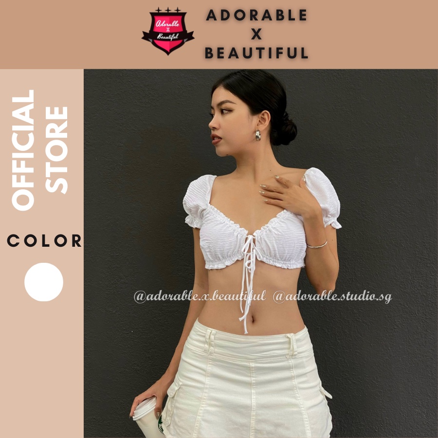 Áo Thun Nhún Ngực Dây Rút Sexy 4 Màu, Áo Croptop Trắng Tay Phồng Dễ Thương Co Giãn [AdorablexBeautiful]