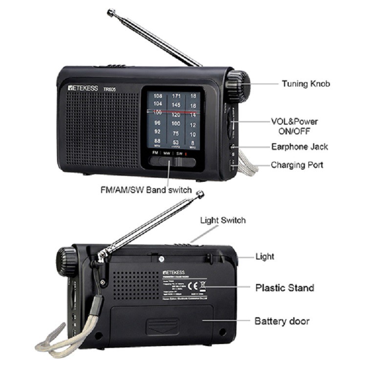 Retekess TR605 Pin Sạc Tích Hợp Đài FM SW Có Đèn Led Và Jack Cắm Tai Nghe