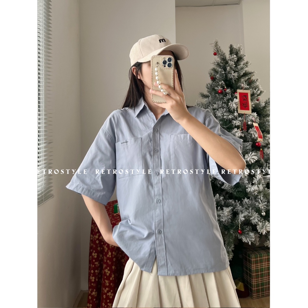 Áo sơ mi tay cộc chữ ESSENTIALS màu xanh chất thô mát form rộng AoSMEssential2619